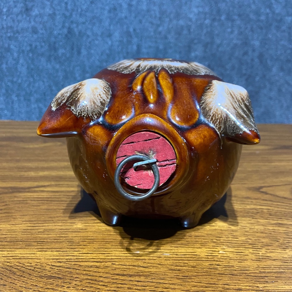 Vintage Hull Pottery Corky Pig Piggy Bank Brown Drip Glaze 1957 USA MCM Decor